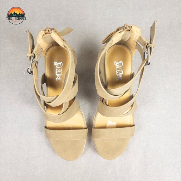 Brash Wedge Strappy Heel Sandal Tan Nude Jute Back Zip Open Toe Women's Size 7 - Picture 5 of 12